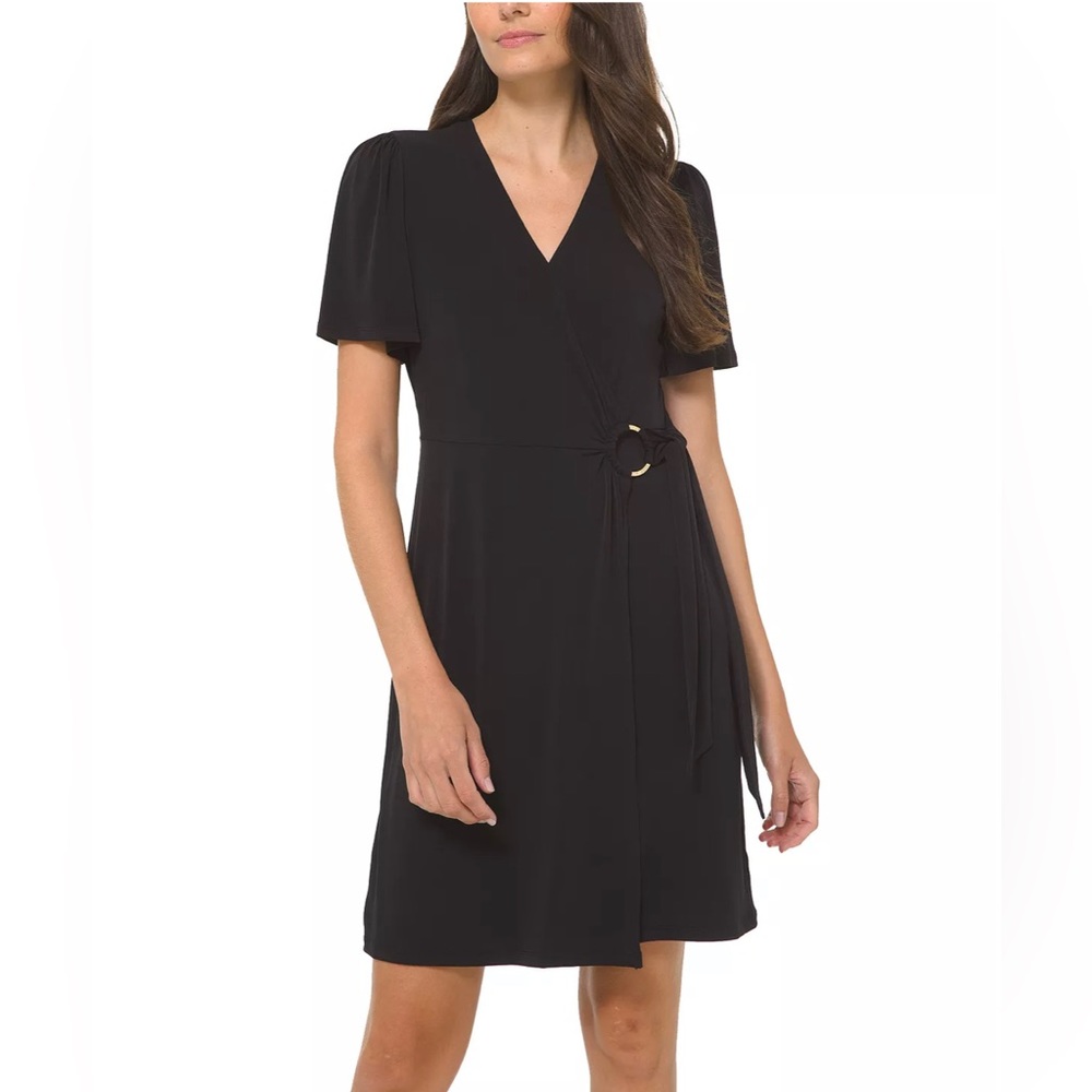 Michael Kors Petite Ring Faux-Wrap Dress. NWT. Size P/XS. Black wrap dress
